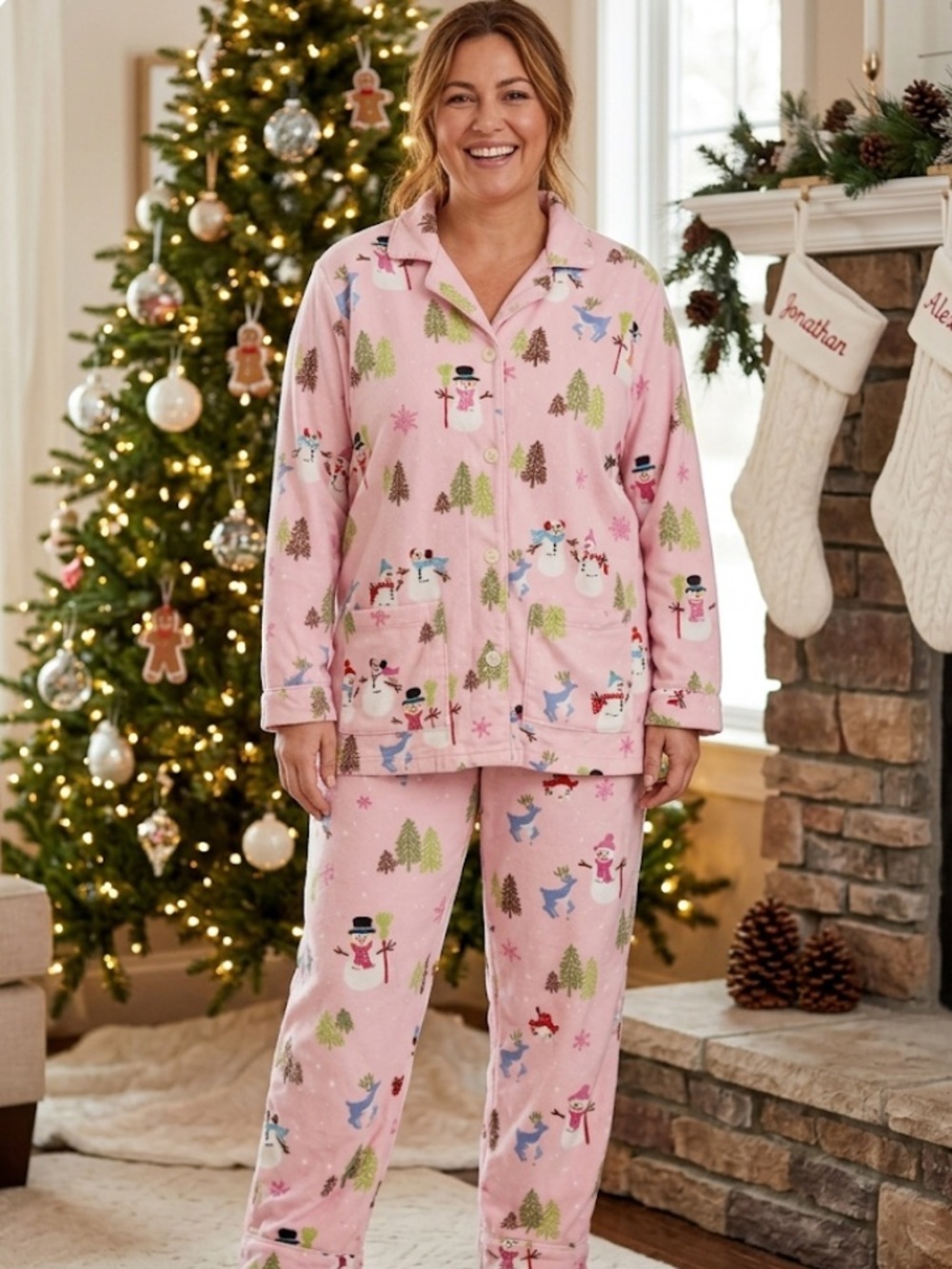 VINTAGE RARE Nick & Nora Pink Snowman Holiday Pajama Set VTG CHRISTMAS HOLIDAY S